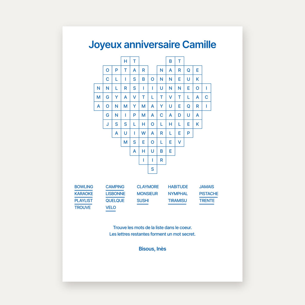 Carte mots mêlés personnalisée
