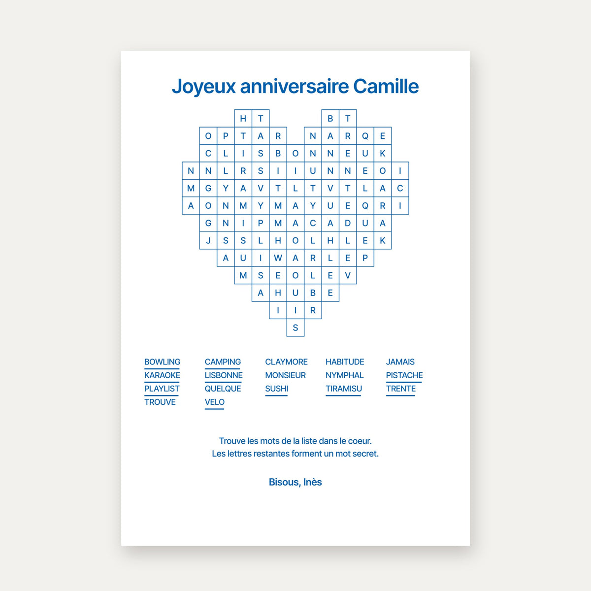 Carte mots mêlés personnalisée