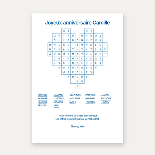 Carte mots mêlés personnalisée