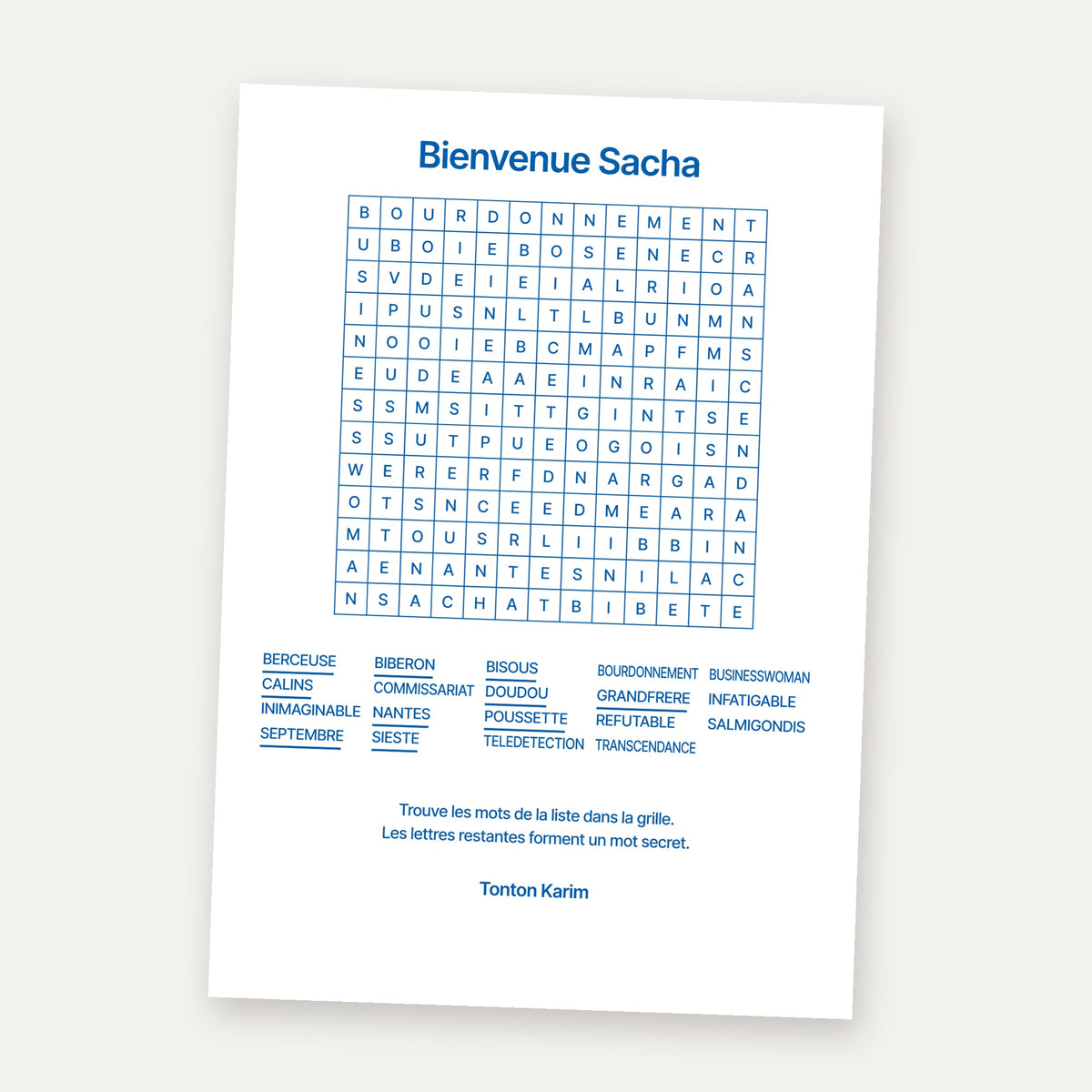 Carte mots mêlés personnalisée