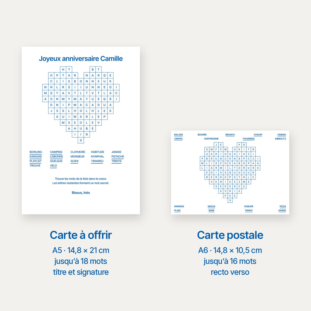 Carte mots mêlés personnalisée